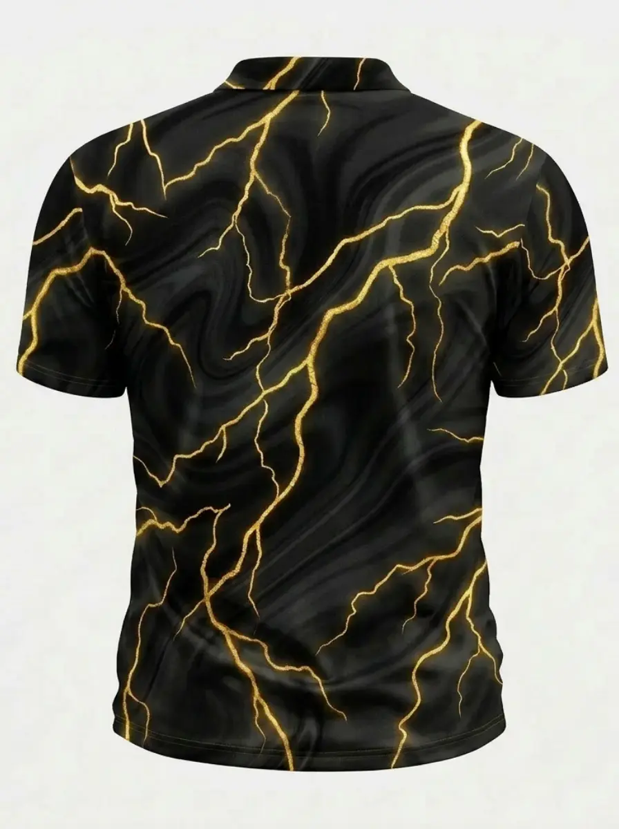 Moisture Wicking Golf Polo 3D Black Gold Marble Lightning Print Button Short Sleeve Golf Polo Shirt