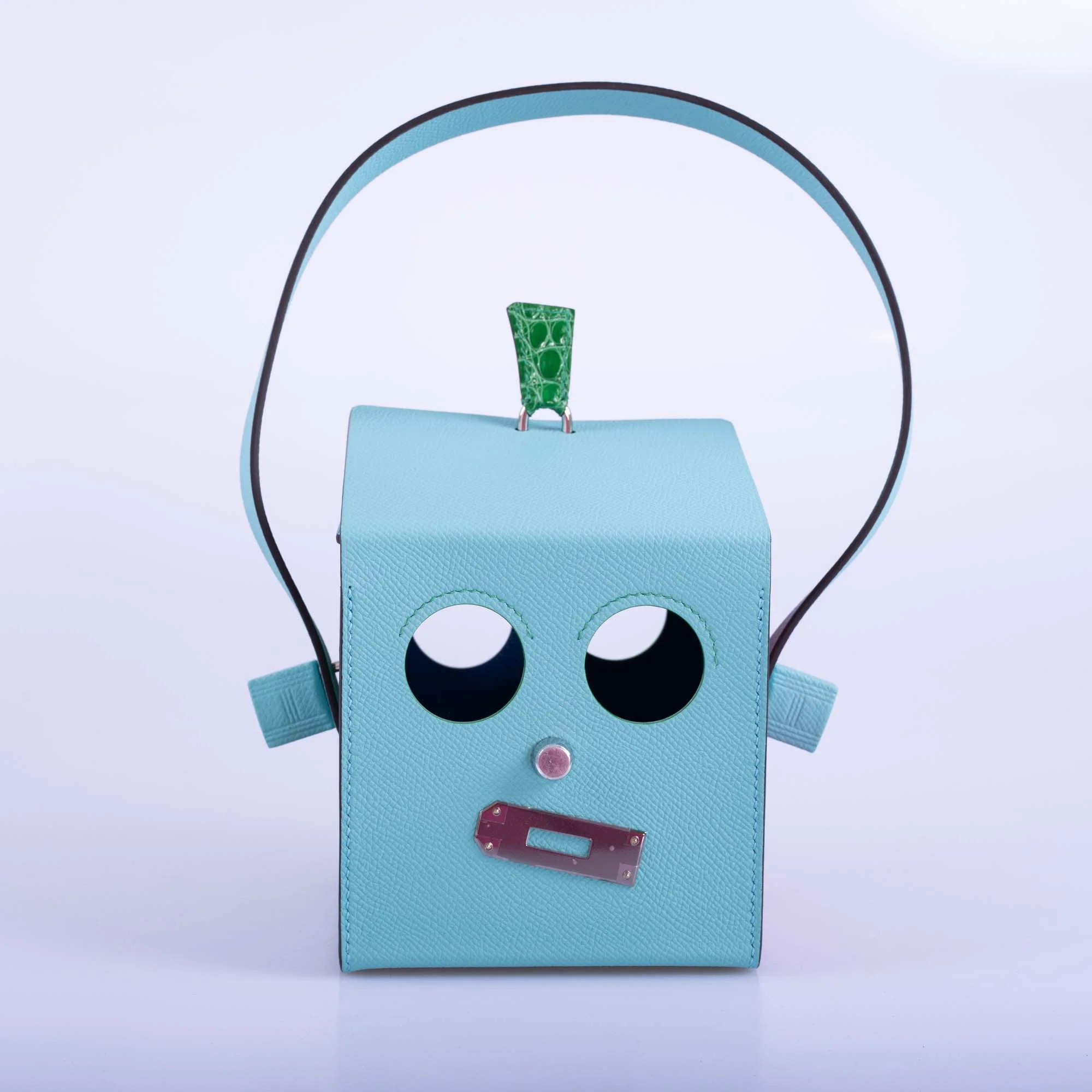 Hermès petit h Robot Buddy Bag in Turquoise Epsom with Blue Frida, Vert Émeraude Crocodile, and Fuchsia Crocodile