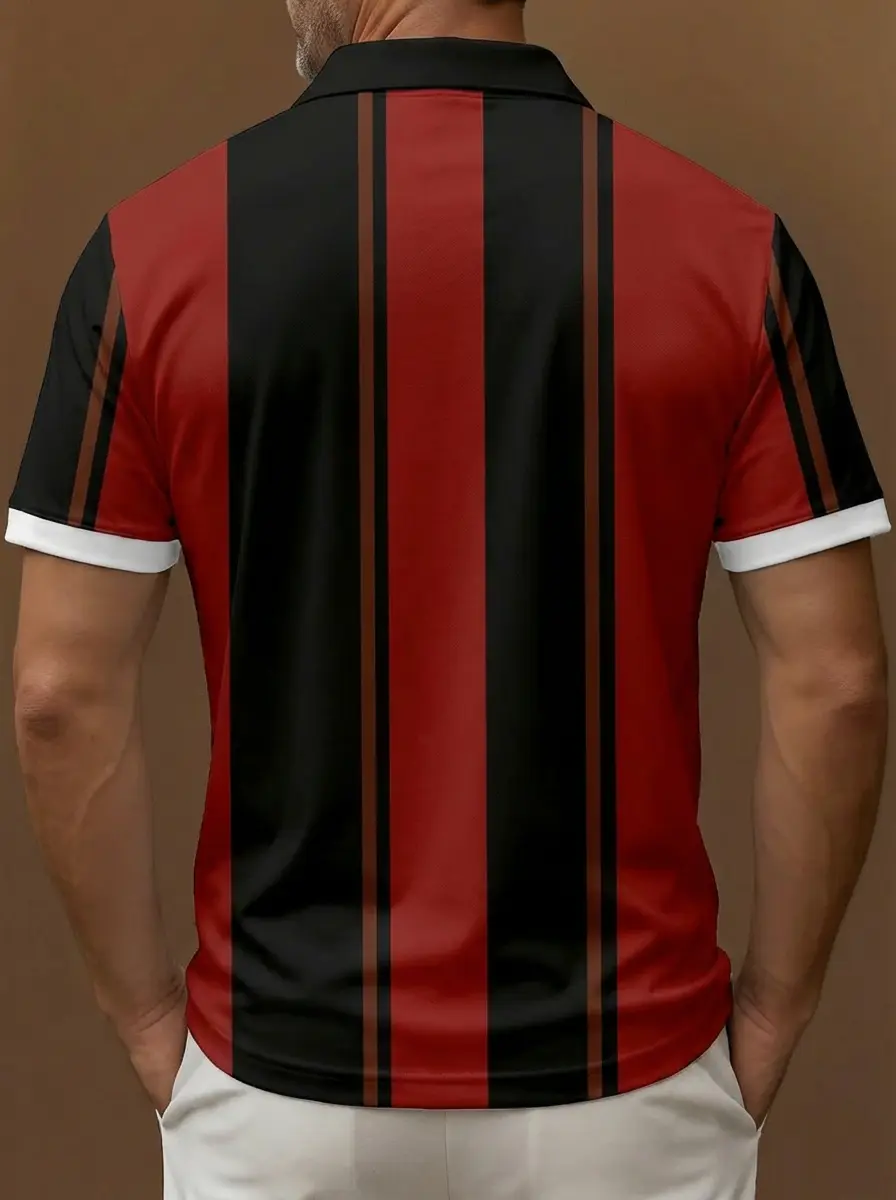 Black Red Brown Vertical Stripe Pattern Button Short Sleeve Golf Polo Shirt