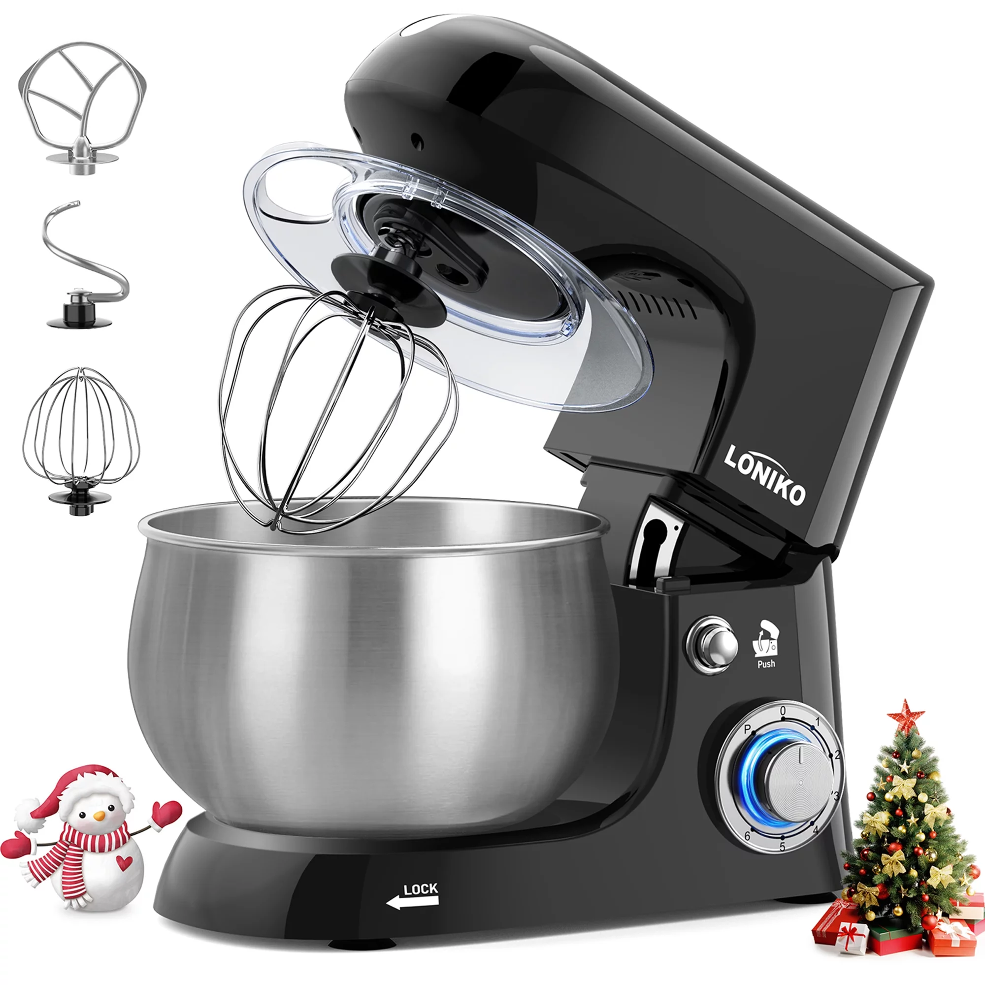 Loniko Electric Stand Mixer,400W High Power 6-Speed Food Mixer, Tilt-Head Kitchen Electric Dough Mixer with ,6.5QT Stainless Steel Bowl, Dough Hook, Wire Whip and Beater,Black