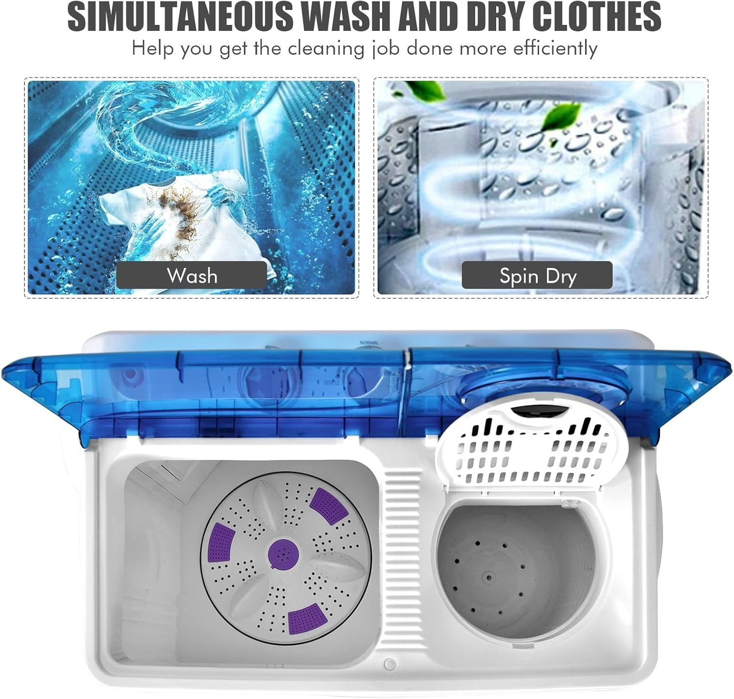 Portable Washing Machine, Twin Tub 26lbs Capacity Laundry Washer, 18lbs Washer and 8lbs Spinner Combo with Timer Knobs, Built-in Drain Pump, Compact Washer for Home Dorm Apartment, Blue+White