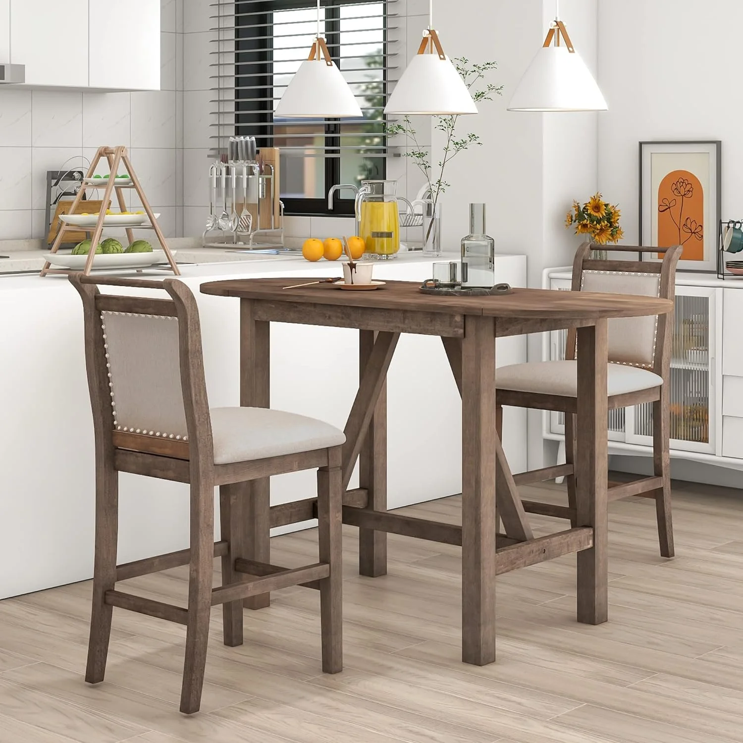 3 Piece Counter Height Kitchen Dining Set With Drop Leaf Dining Table And 2 Dining Padded Chairs, Dining Room Set For Small Places, Brown