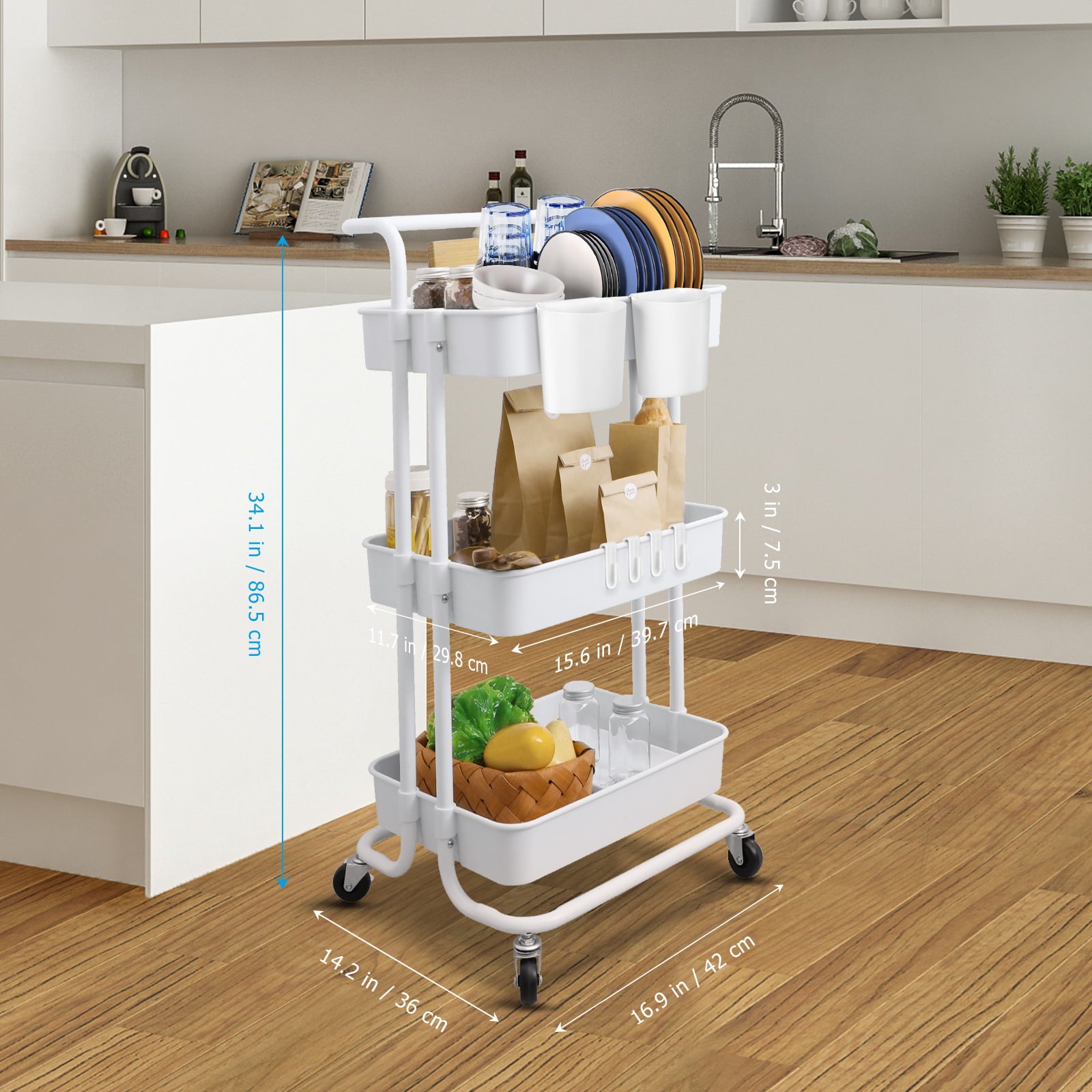 3-Tier Utility Rolling Cart,Mobile Utility Cart with Lockable Caster Wheels,Storage Shelves Organizer Cart, 4 Hanging Baskets, Easy Assembly,for Bathroom, Kitchen, Office, Workshop,White
