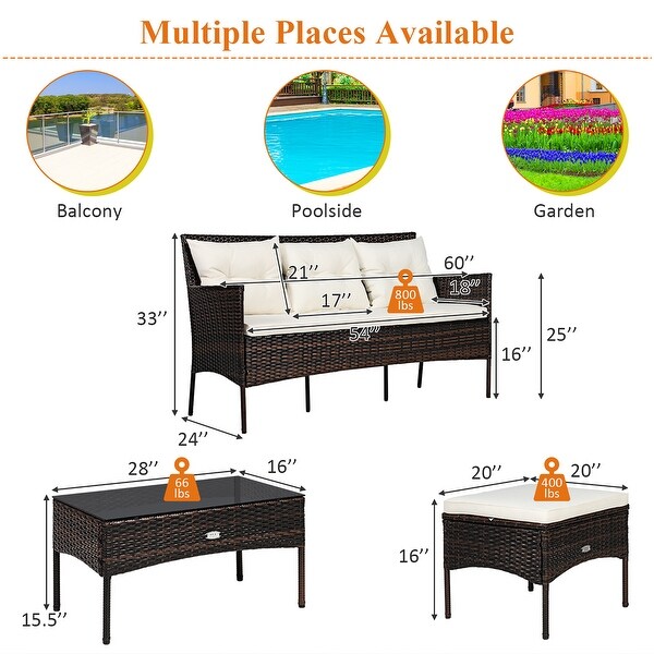 Costway 3PCS Patio Rattan Furniture Set 3Seat Sofa Cushioned Table