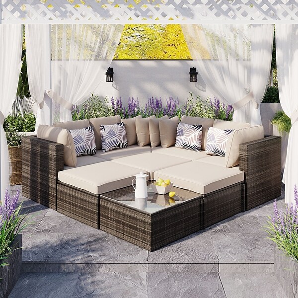 8Piece Wicker Outdoor Sectional Set with Beige Cushions