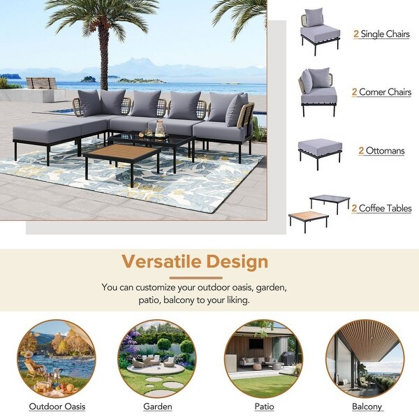 8Piece Patio Sectional Sofa Set with Tempered Glass Coffee Table and Wooden Coffee Table
