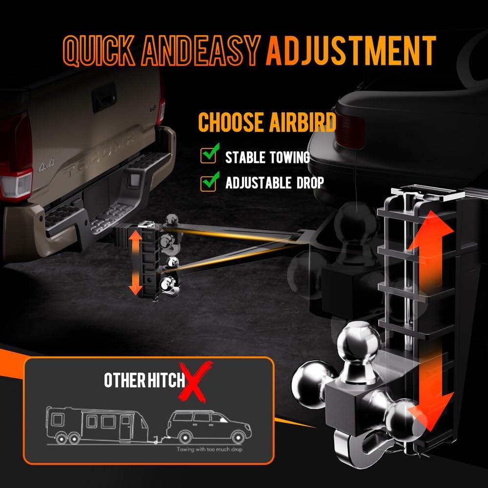 Adjustable Trailer Hitch Fits 2-Inch Receiver, Heavy Duty Tow Hitches (17000 LBS GTW) 6 Inch Drop Truck Hitch Tri-Ball Mount with Hook (1-7/8