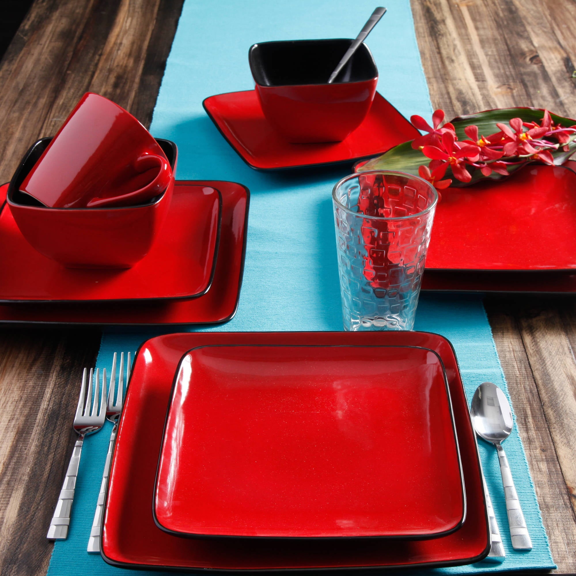 Better Homes and Gardens Rave Square Dinnerware, Red, Set Of 16