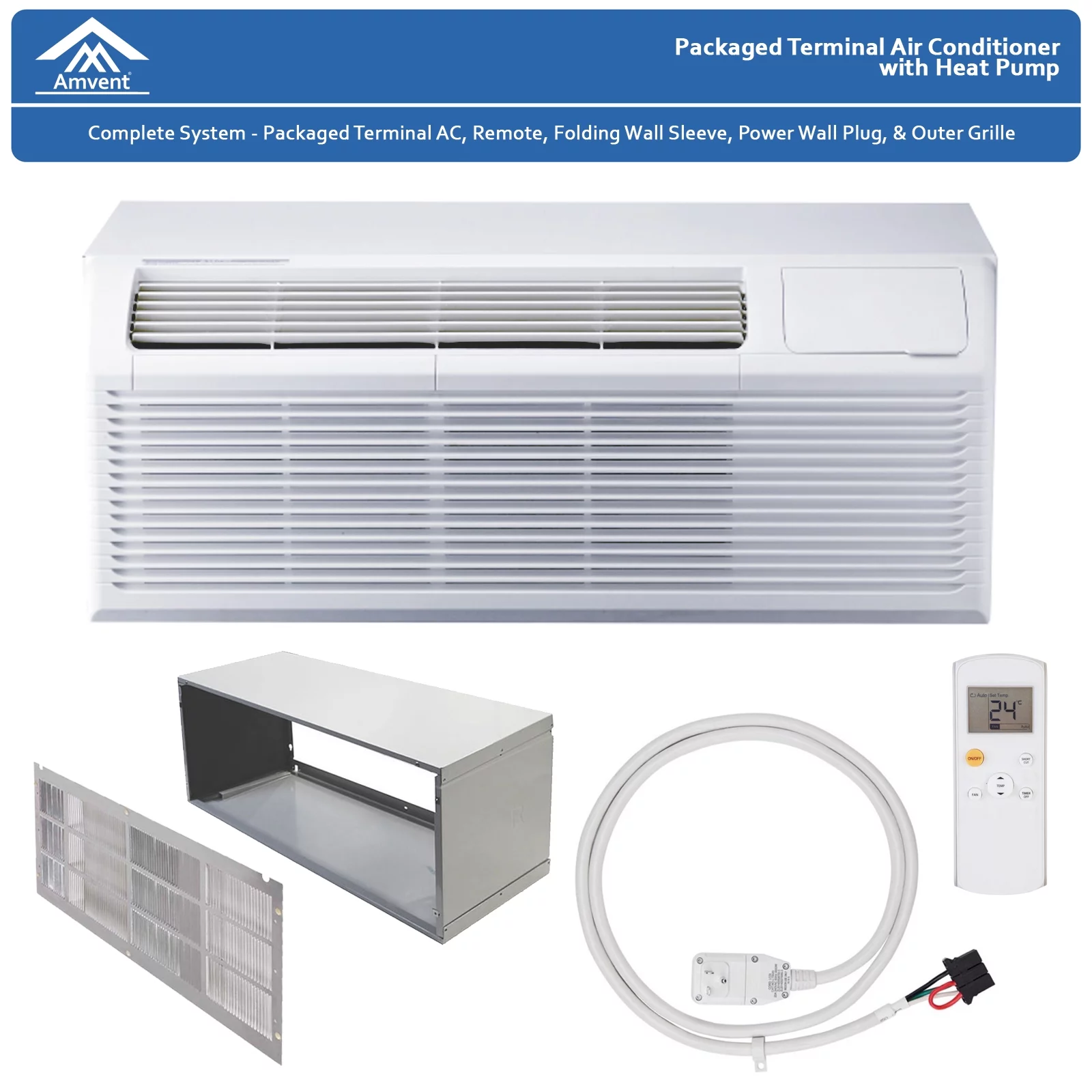 PTAC Air Conditioning /Heat Pump/Dehumidifier  12,000 BTU (1 Ton) with Remote, Wall Sleeve, Grille, and Plug