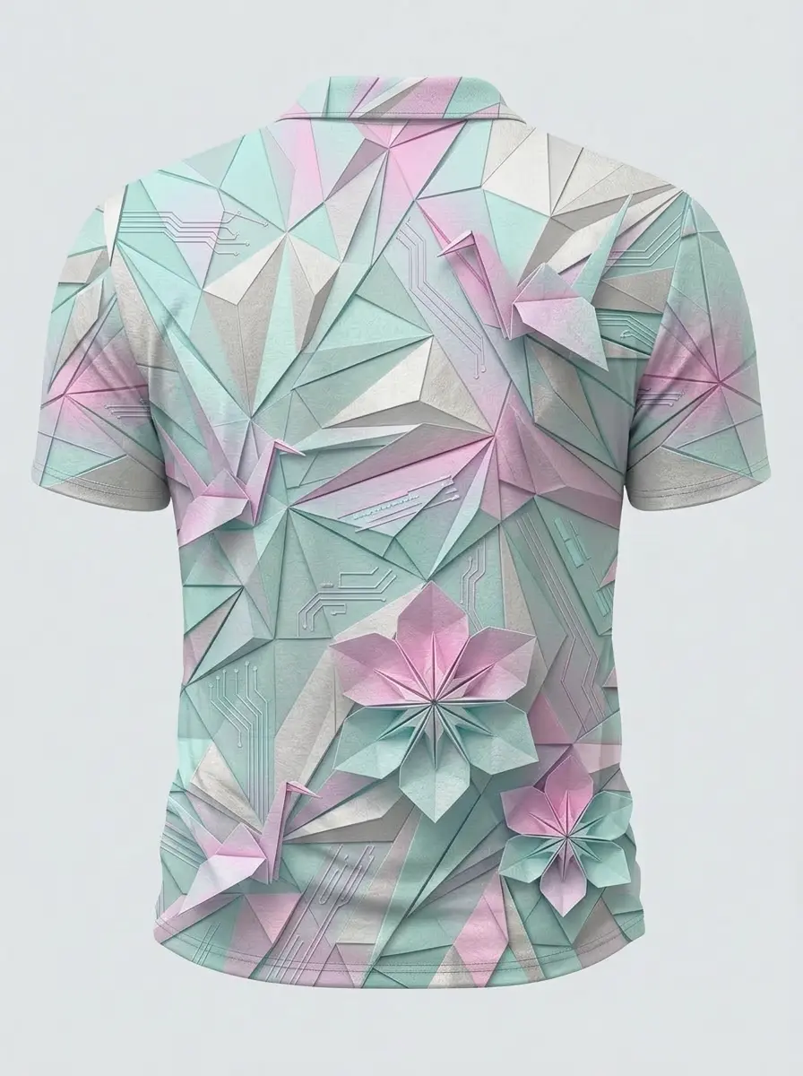 Moisture Wicking Golf Polo 3D Pastel Origami Crane Button Short Sleeve Golf Polo Shirt