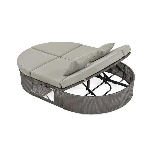 2Person Rattan Garden Reclining Chaise Lounge Daybed with Cup Trays