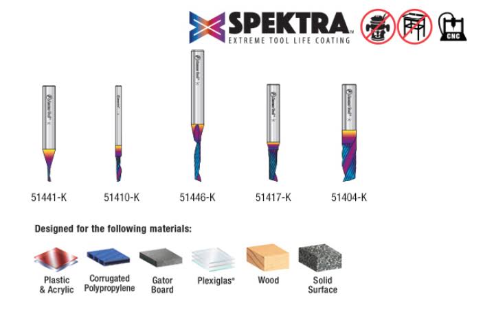 Amana AMS-166-K 5-Pc Spektra Extreme Tool Life Coated Plastic Cutting Solid Carbide Spiral &O& Flute CNC Router Bit Collection