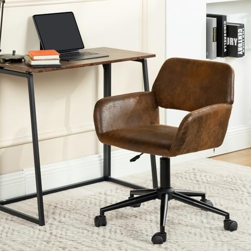 FurnitureR Home Office Chair, Fabric Upholstered Vanity Chairs with Rolling Wheels, Adjustable Study Desk Chair Mid Back Task Chair for Living Room, Bedroom, Small Spaces - Beige