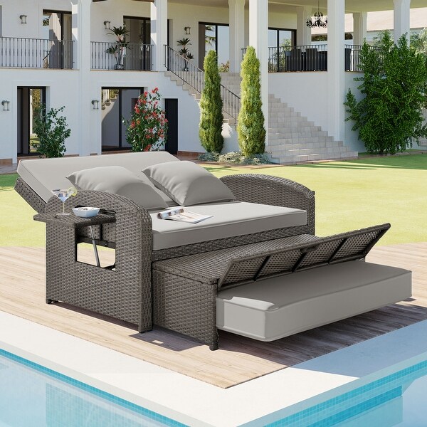 Rattan Double Chaise Lounge,2Person Reclining Daybed with Adjustable Back and Cushions