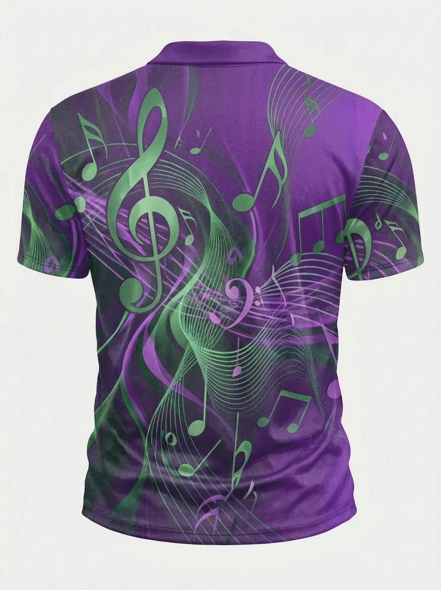 Moisture Wicking Golf Polo 3D Purple Green Music Note Button Short Sleeve Golf Polo Shirt