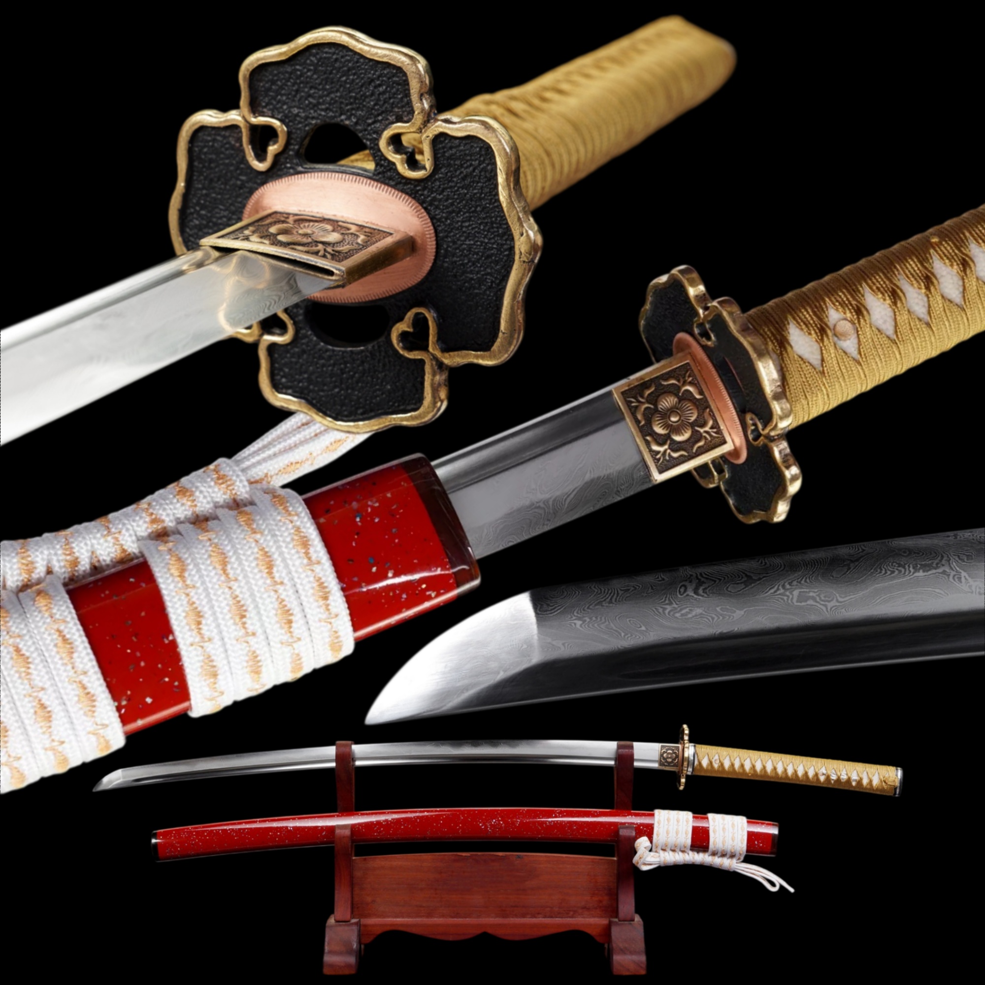 Hanaai Katana Hand Forged Damascus Feather Pattern Clay Tempered Full Tang Samurai Sword