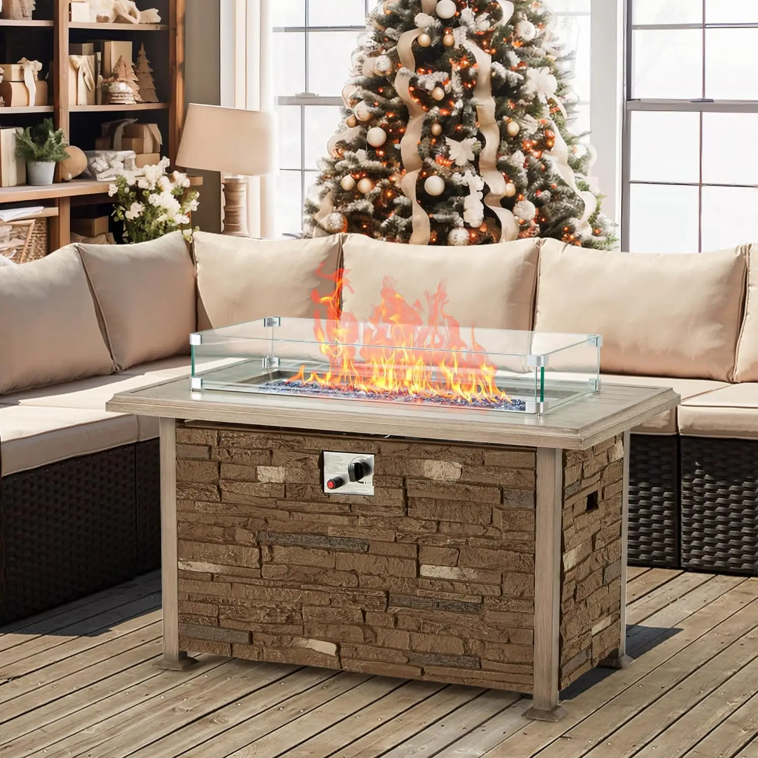 44 Inch Aluminum Propane Fire Pit Table w/Faux Ledgestone, Hand-Painted Table Top, 50,000BTU Fire Table w/CSA Certification,Wind