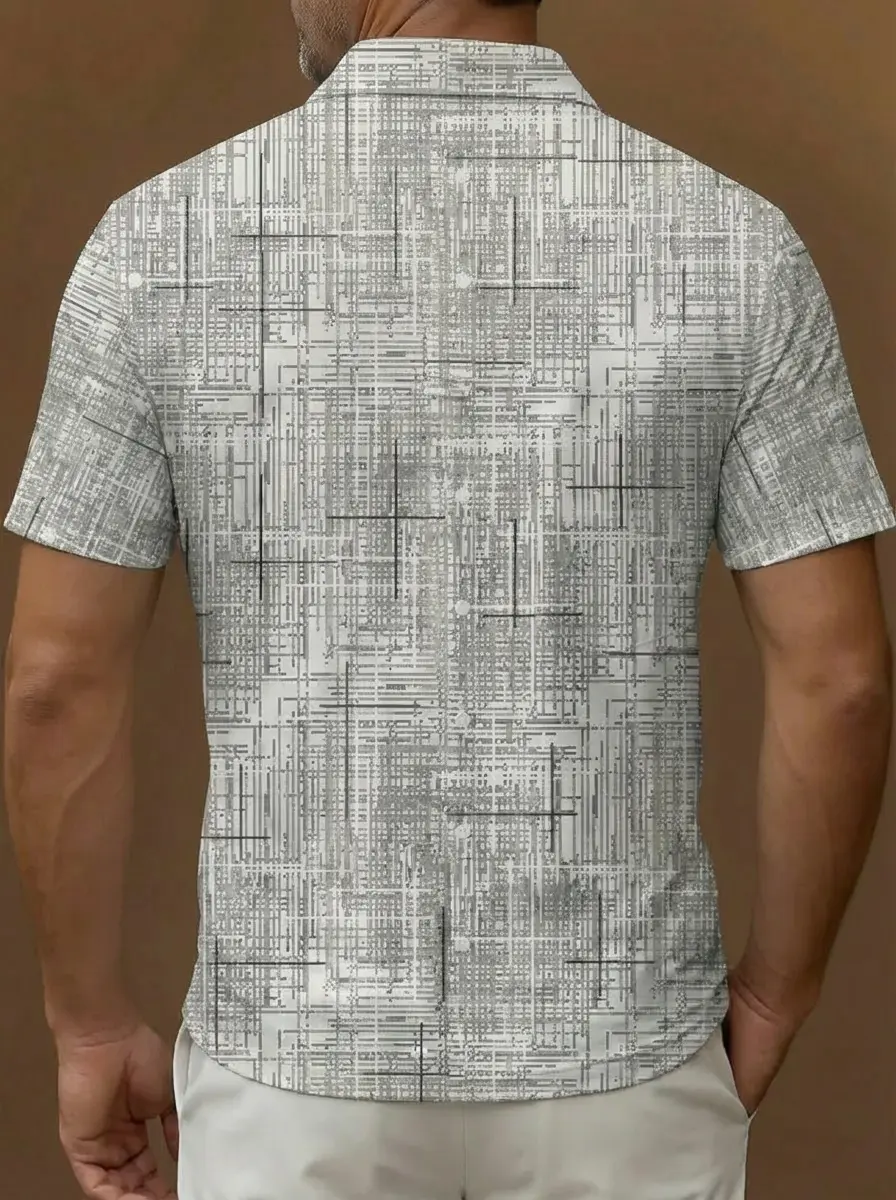 White Grey Black Abstract Plaid Texture Pattern Button Short Sleeve Golf Polo Shirt