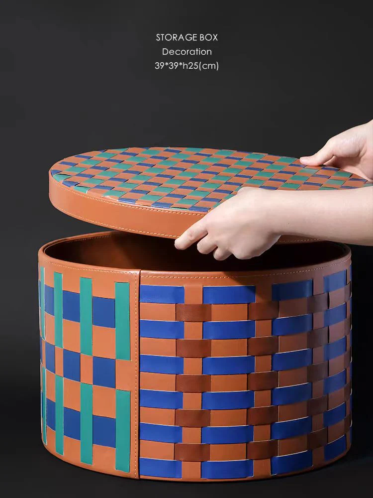 DC127 - HERMÈS Iris Blue Gold Brown BV Braided Checkered Cover Storage Box, Side Table with Storage, Coffee Table