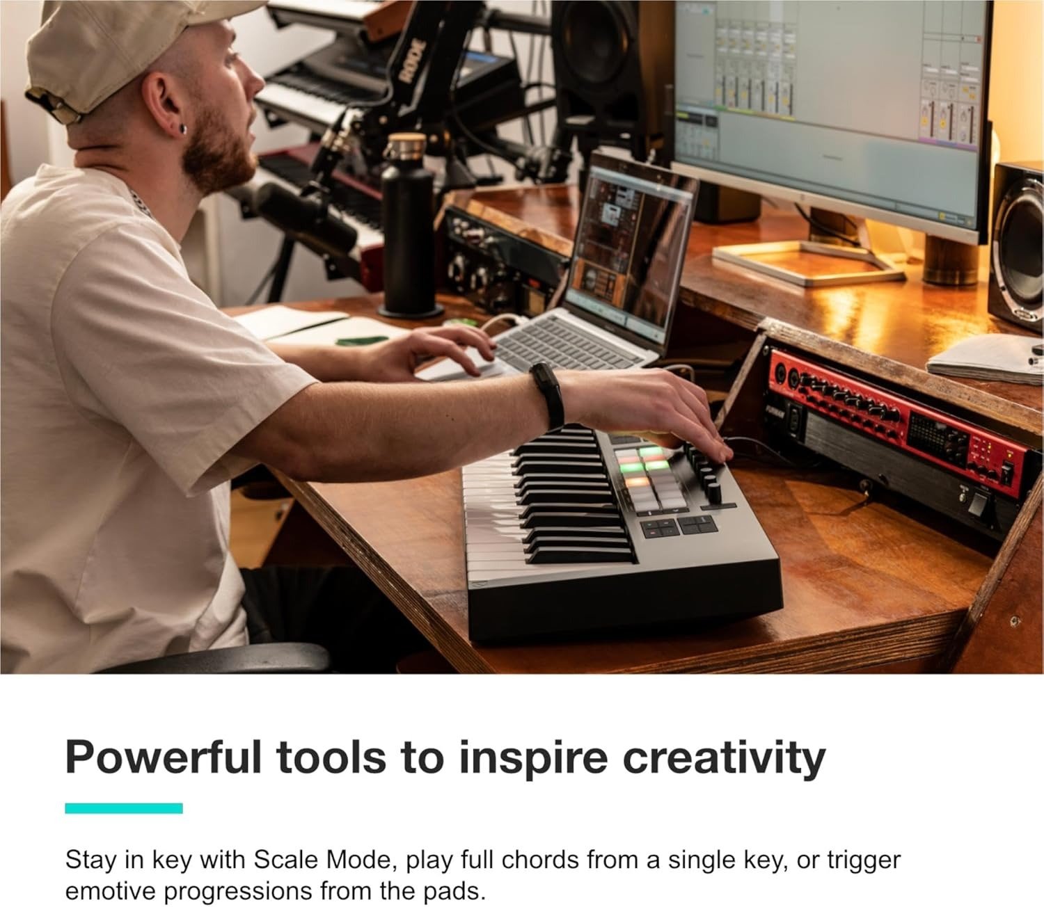 61 key Semi-Weighted, USB, MIDI Keyboard Controller with DAW Integration. Chord & Scale Modes, 8 Drum Pads, & Arpeggiator — Includes Software Bundle for Music Production