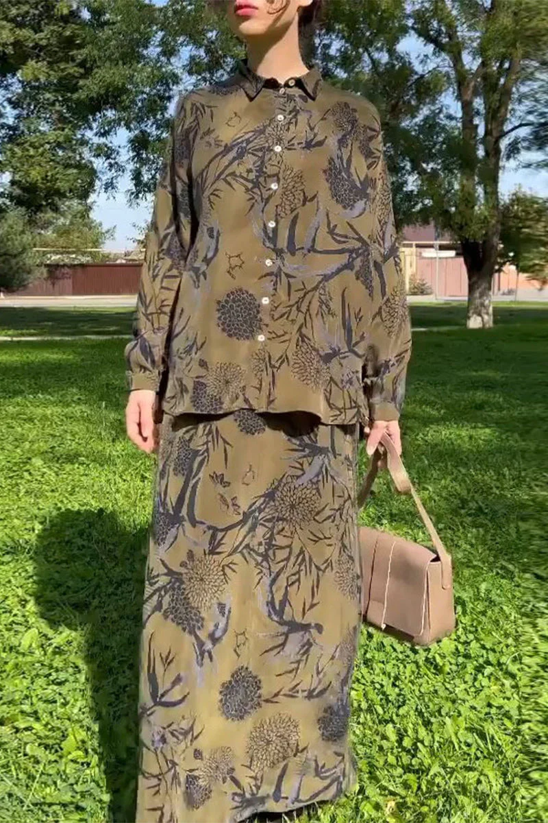 Elegant Floral Two-Piece Set | Turndown Collar Shirt & SkirtClistos