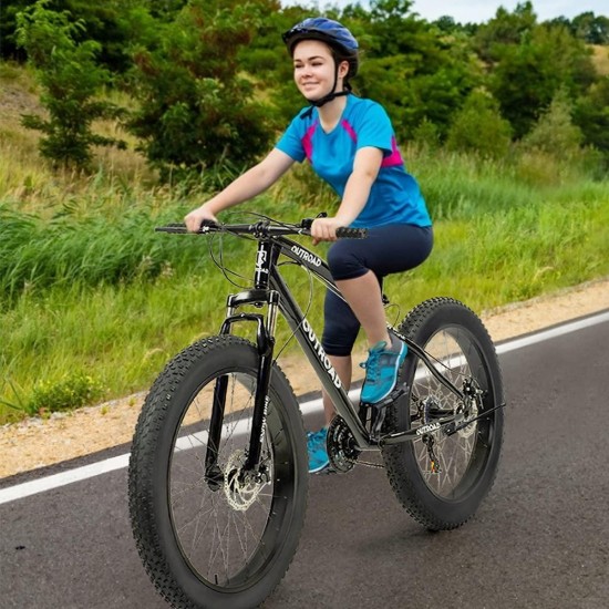 Fat Tire Mountain Bike 21 Speed Derailleur, with High Carbon Steel Frame, Double Disc Brake and Front Suspension Anti-Slip Bikes with 26 inch Wheels