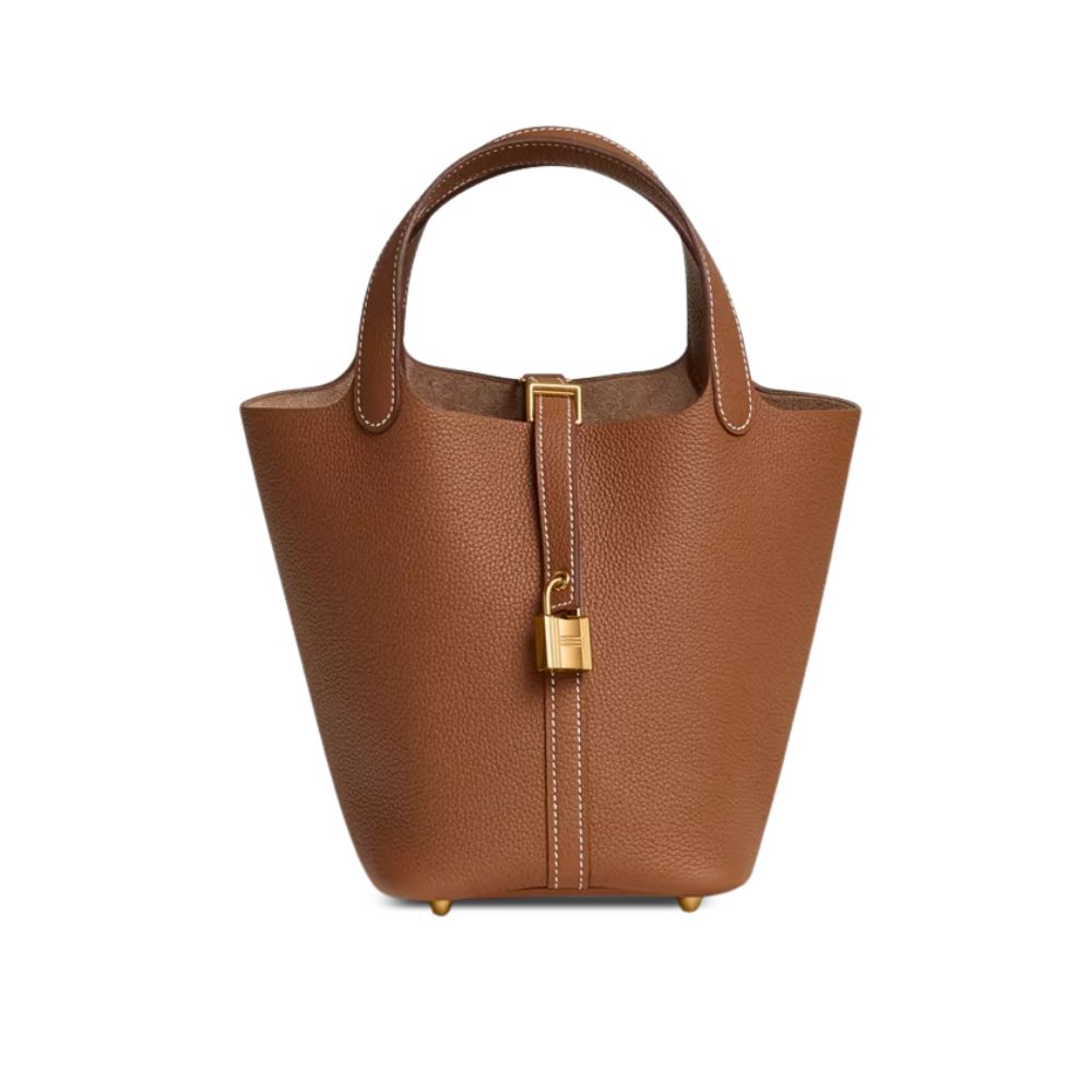 Hermes Picotin Lock Bag In Taurillon Clemence Gold Brown 22Cm