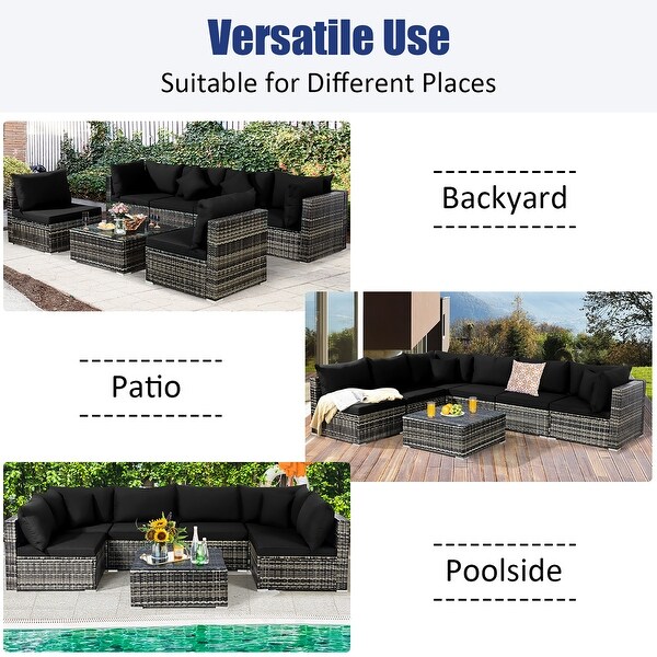 7PCS Patio Rattan Furniture Set Sectional Sofa Garden Cushion