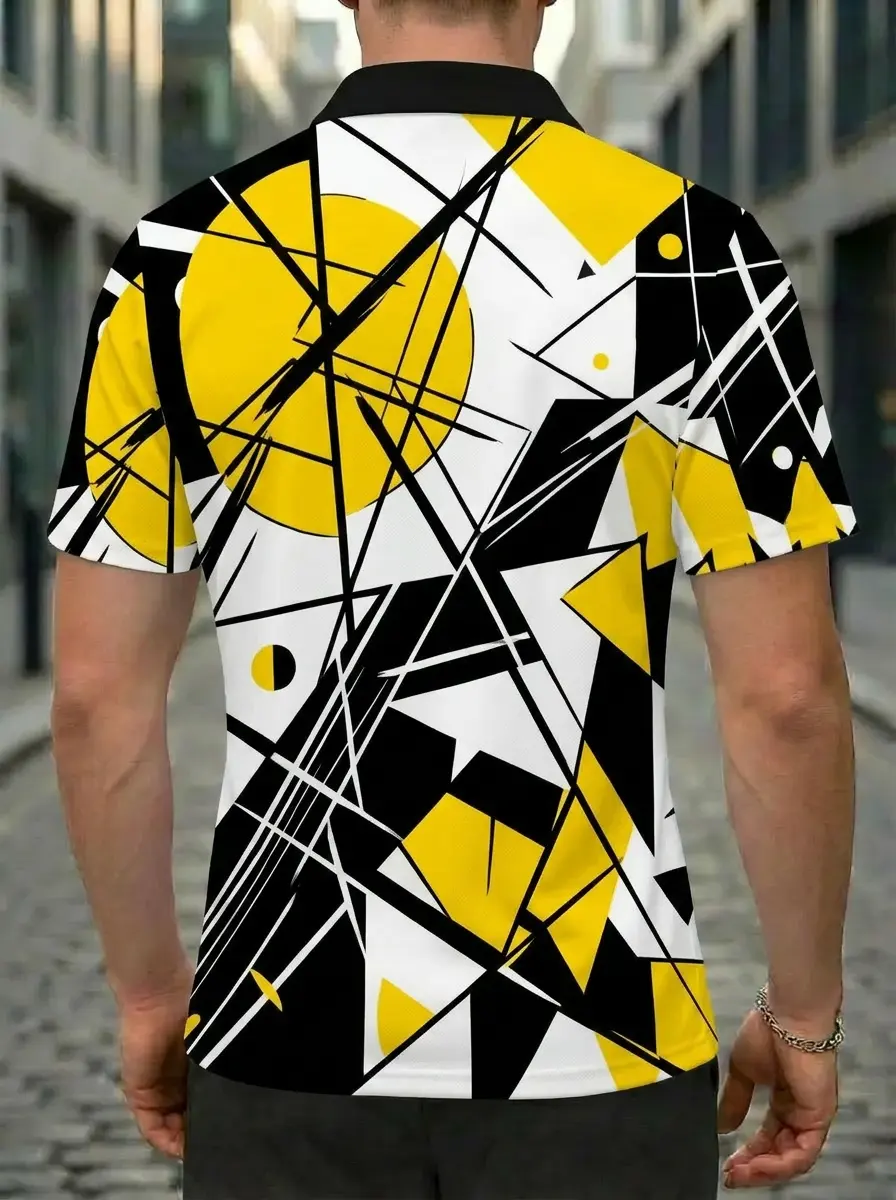 Moisture Wicking Golf Polo 3D Yellow Black White Abstract Geometric Button Short Sleeve Golf Polo Shirt