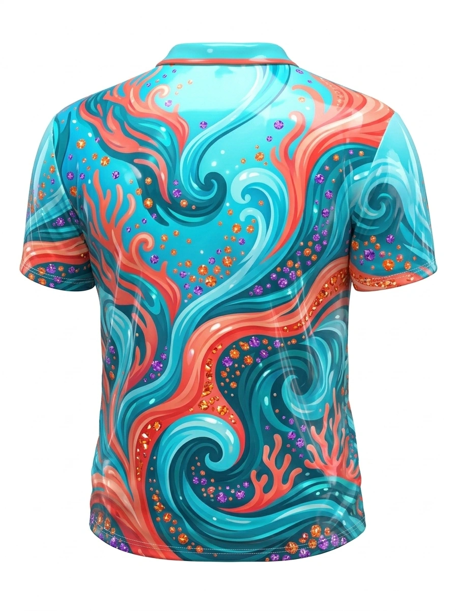 Moisture Wicking Golf Polo 3D Blue Red Wave Gem Button Short Sleeve Golf Polo Shirt