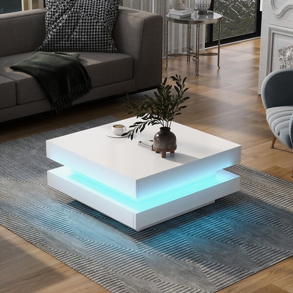 Mieres Modern Coffee Table,Wooden Cocktail Table,Square Coffee Table with LED Lights and Doublelayer storage,Center Table