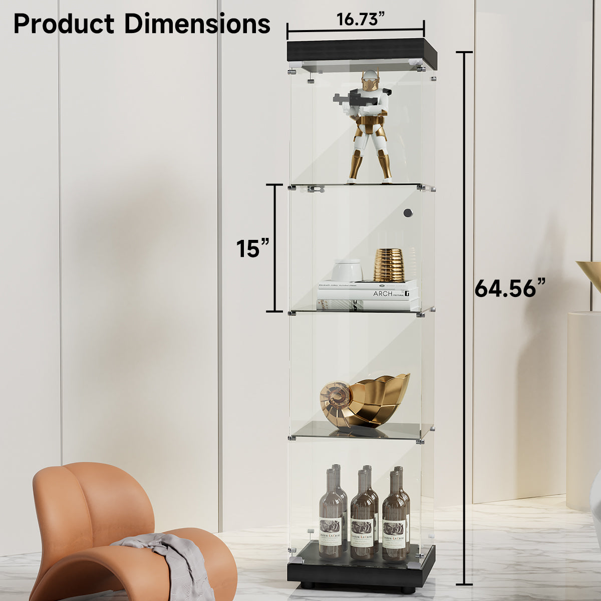 Contemporary Single Door Tall Display Cabinet for Collectibles, Floor Standing Corner Curio Cabinet with Glass Door, 4 Units, Glass Cabinet Collection Display Case for Living Room Bedroom,Black
