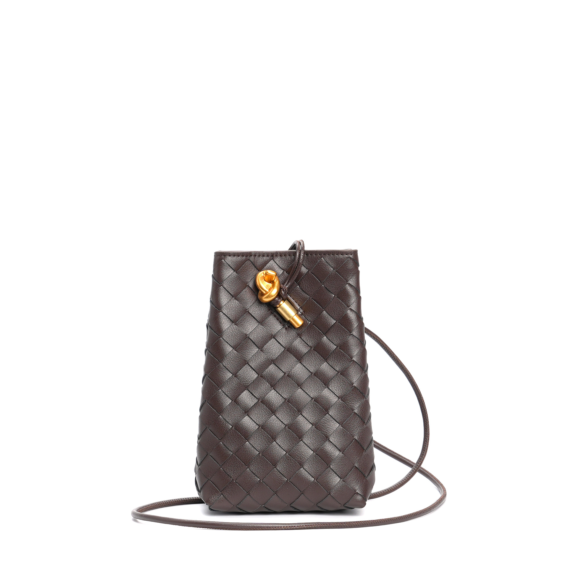 Dark Brown Woven Leather Crossbody Bucket Bag