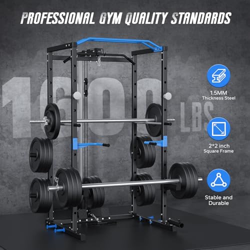 MERACH Power Cage, Multi-Functional Squat Rack for Home Gym with Cable Crossover System, 1600LBS Weight Capacity, Strength Training Equipment with Attachments
