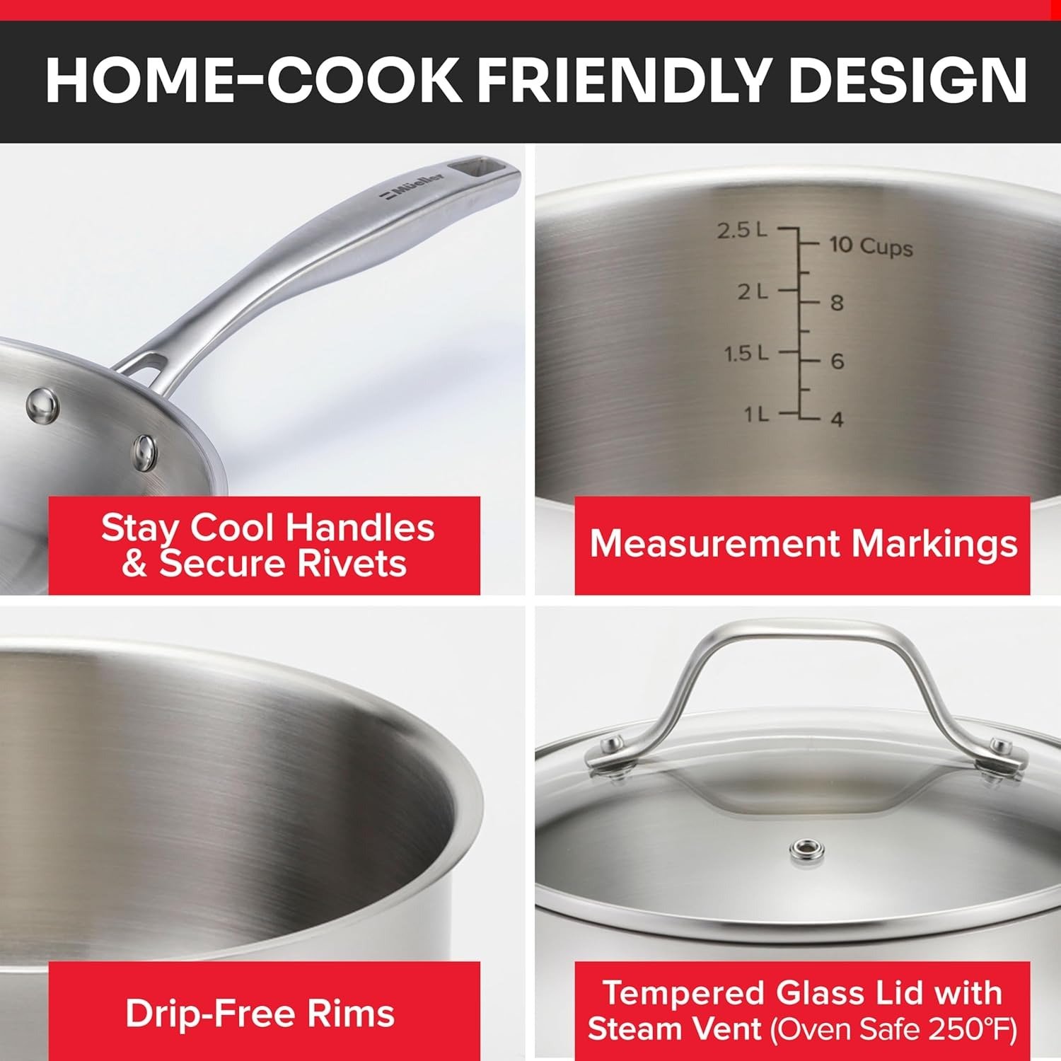 17-Piece Tri-Ply Stainless Steel Cookware Set Induction Ready Oven Safe 360°F Silver