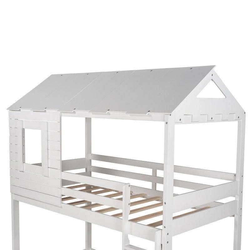 [Pre-Sale]Twin Over Twin Solid Wood Loft Bed,Bunk Bed with Roof,Window,Guardrail and Ladder - Antique White