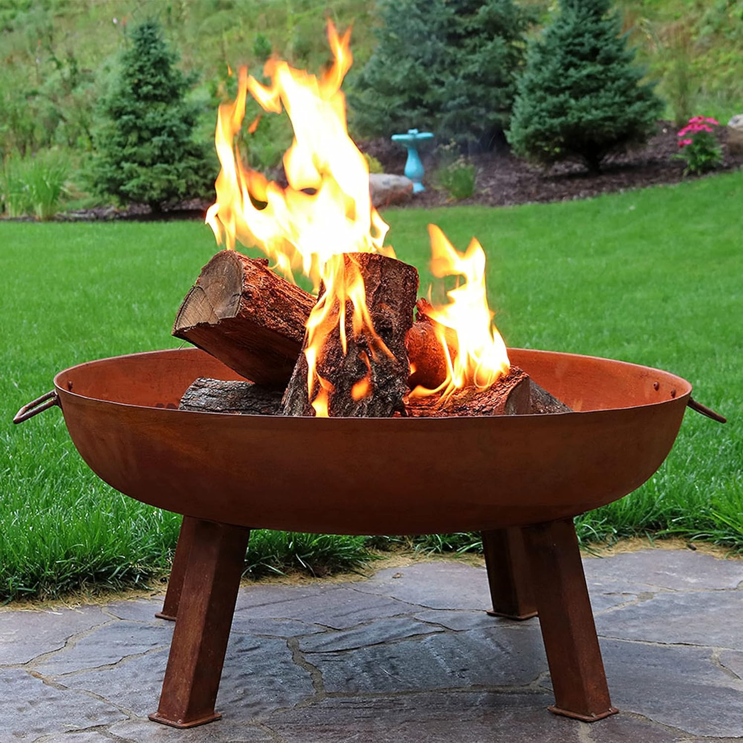 34-Inch Rustic Cast Iron Outdoor Raised Fire Pit Bowl with Handles - Oxidized Finish