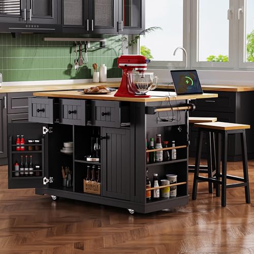 Rolling Kitchen Island with Drop Leaf & Power Outlet, Large Kitchen Islands Cart on Wheels, Movable Kitchen Island with 5 Open Storage Shelves & Towel Rack for Kitchen, Dining Room, 48-Inch, White