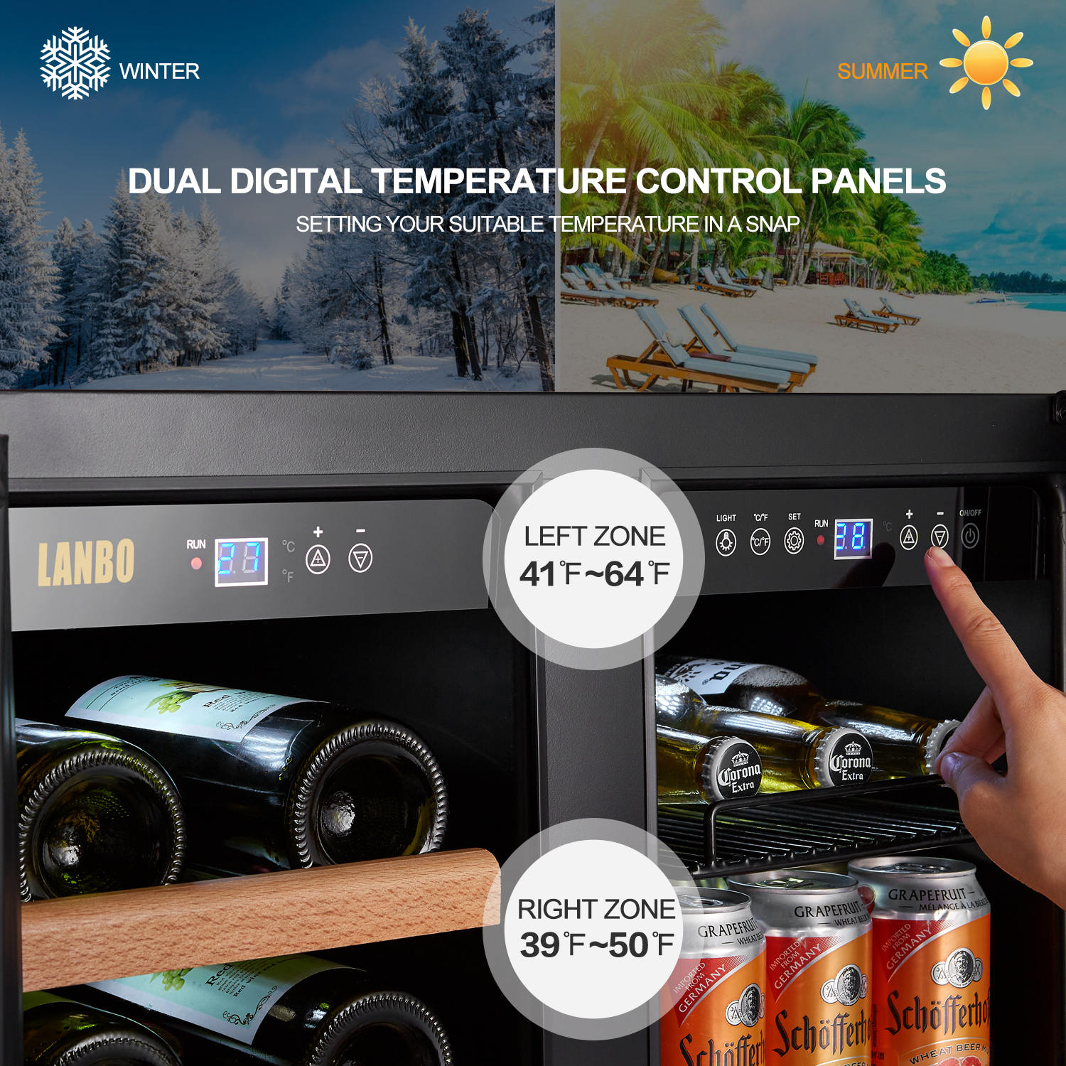 Lanbo - Freestanding/Built-In 23.4'' width 18 Bottle 56 Can Dual Zone Combo Wine and Beverage Cooler - Black