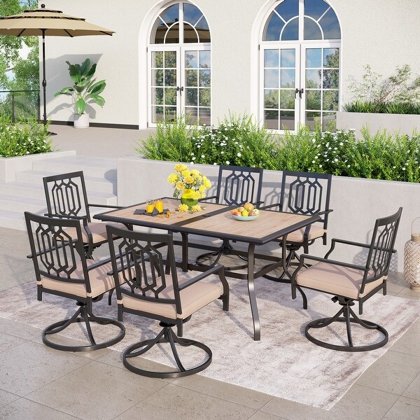 MAISON ARTS 7piece Patio Dining Set,1 Rectangle Woodlike Table with Umbrella Hole and 6 Metal Swivel Chairs