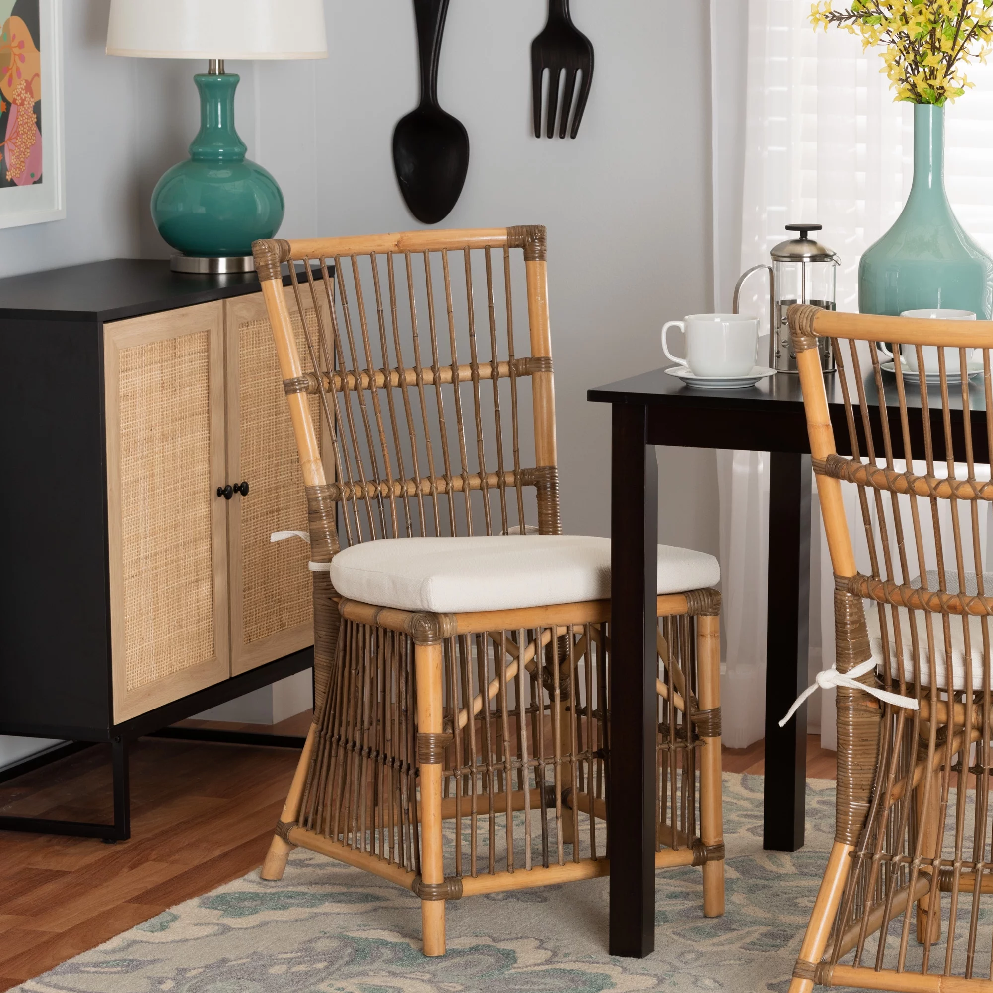 bali & pari Kim Modern Bohemian White Fabric and Natural Brown Rattan Dining Chair