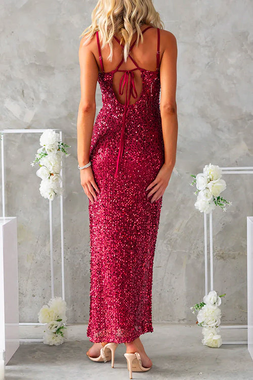 Sparkling Sequin Maxi Dress with Open BackClistos
