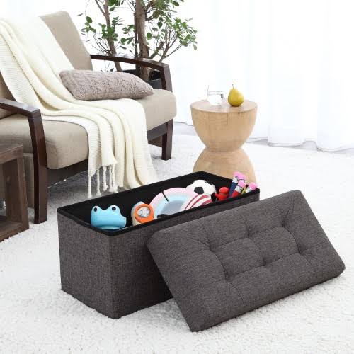 Ornavo Home Foldable Tufted Linen Large Storage Ottoman Bench Foot Rest Stool/Seat - 15 x 30 x 15 (Charcoal)