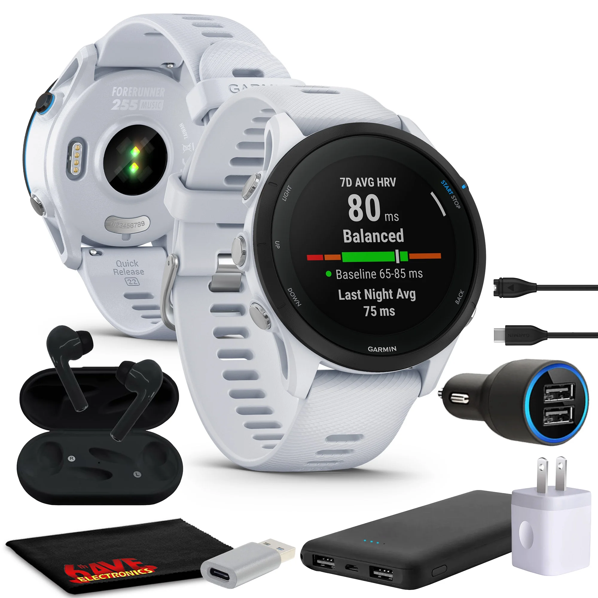 Garmin Forerunner 255 Music GPS Running Smartwatch, Advanced Insights, Long-Lasting Battery, 46MM Fitness Smart Watch for Men and Women, Whitestone, Bundle With Portable Charger And More