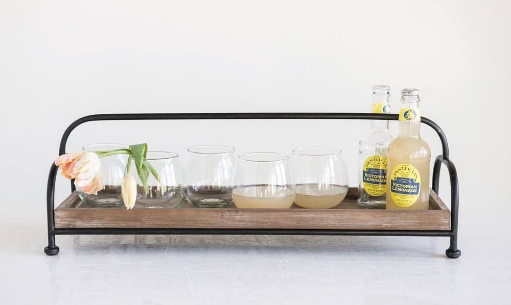 Rectangle Brown Wood Tray with Black Metal Stand