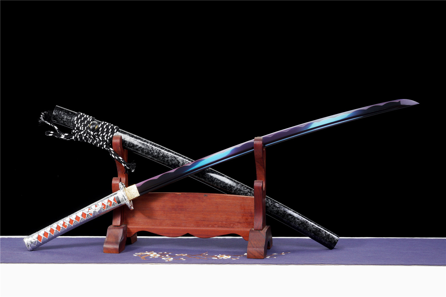 Handmade Katana High Carbon Purple Blade Alloy Tsuba Silver Saya Full Tang