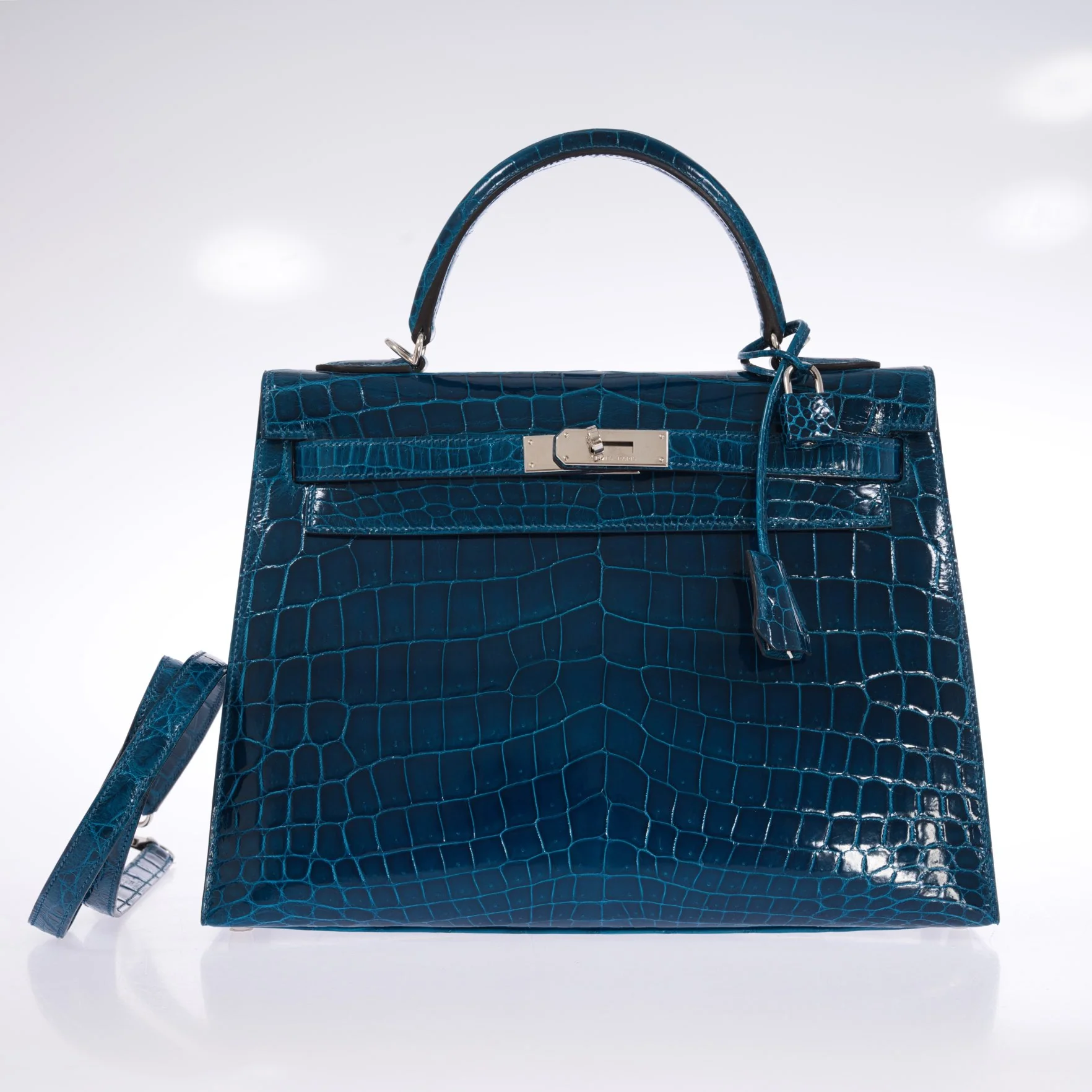 Hermès Kelly 32 Sellier Blue Colvert Shiny Niloticus Crocodile Palladium Hardware