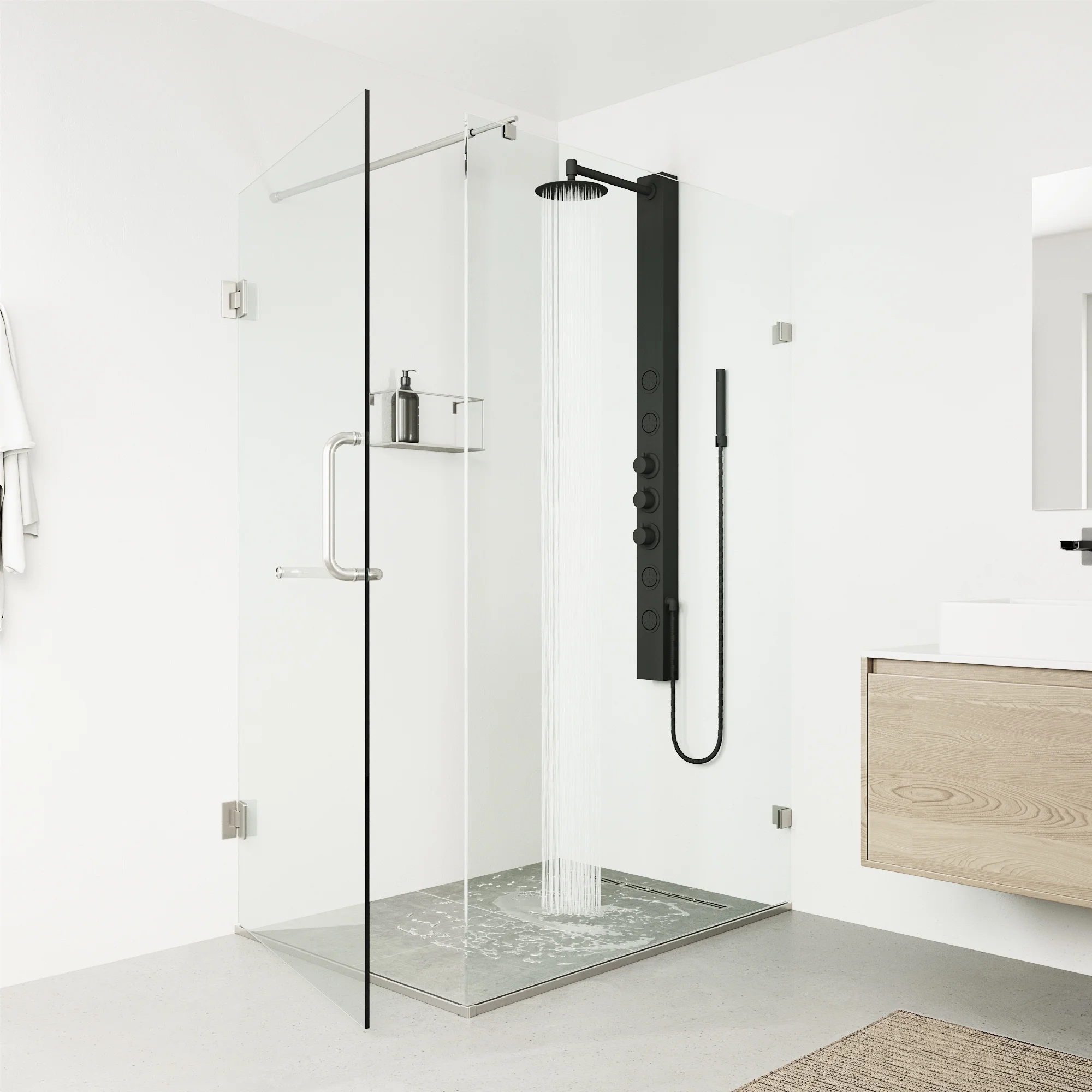 VIGO Sutton 58 in. H x 4 in. W 4-Jet Shower Panel System with Adjustable Round Head and Hand Shower Wand in Matte Black