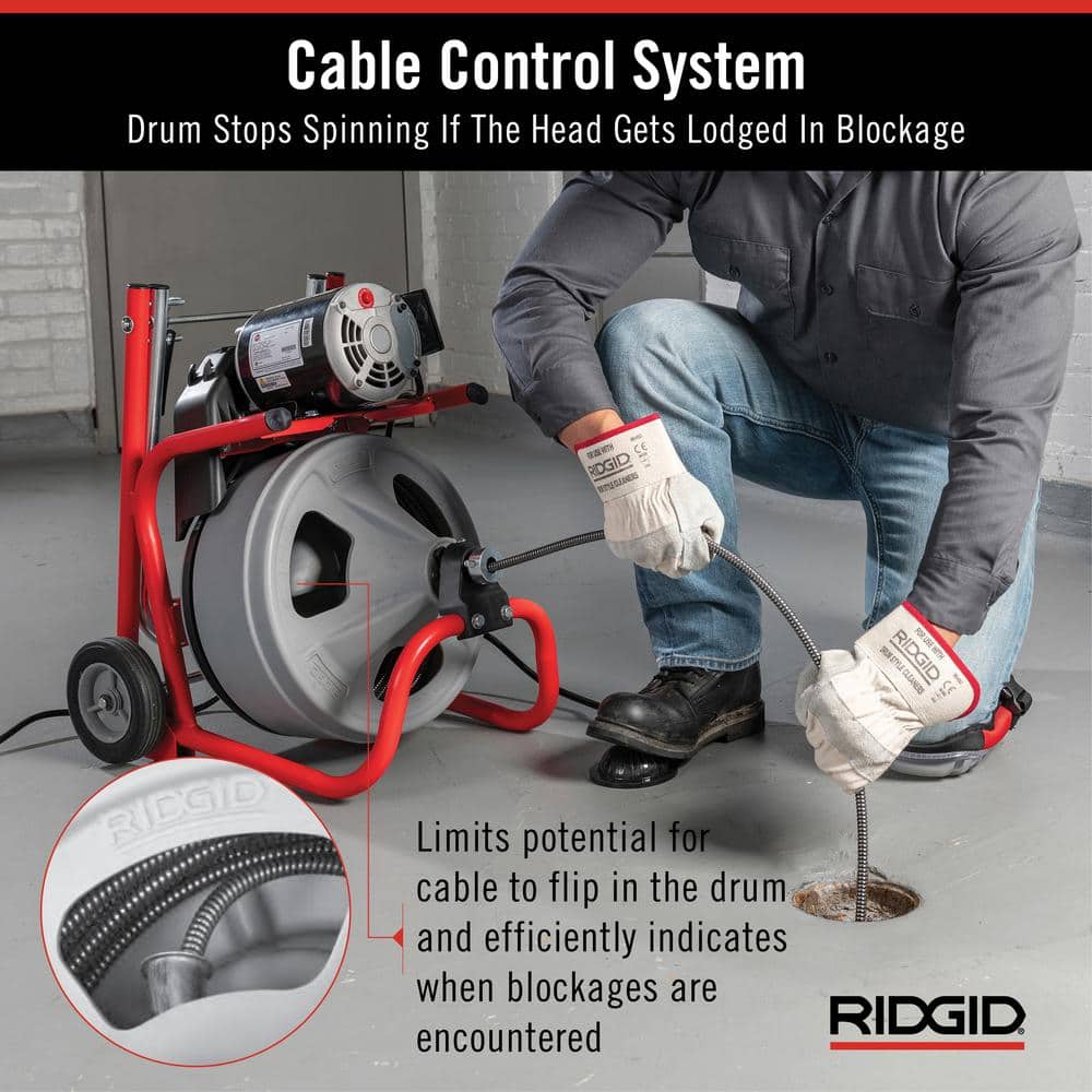 Ridgid K-400 Drain Cleaning Snake Auger 120-Volt Drum Machine with C-32IW 3/8 in. x 75 ft. Cable + 4-Piece Tool Set & Gloves 52363