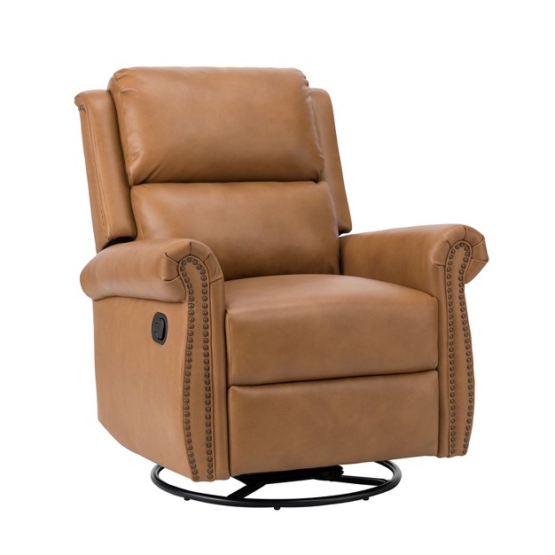 Ingvar Genuine Leather Manual Swivel Glider Recliner With Nailhead Trims Karat Home